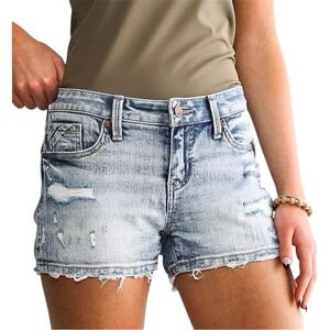 Buckle Black Fit No. 53 Stretch Jean Shorts Mid Rise Light Distressed Denim 27